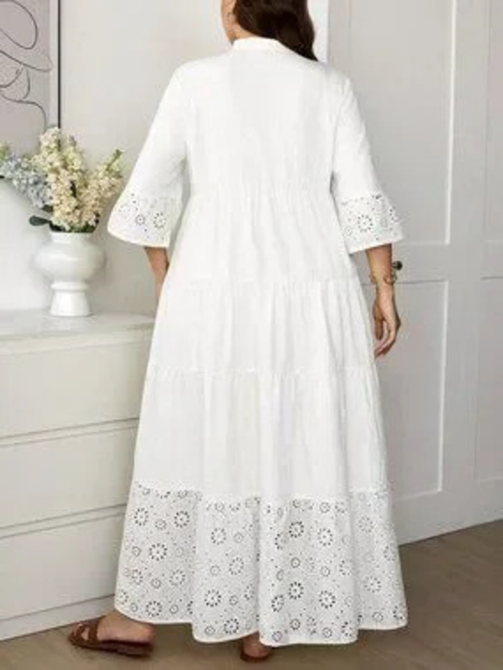 ZARA White Boho Women's Plus Size Hollow Out Embroidery V-Neck Casual Dress